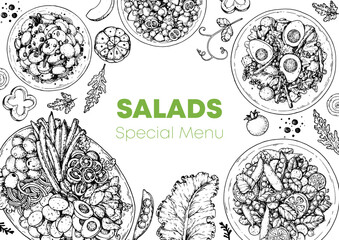 Hand drawn salads. Food top view vector illustration. Healthy eating. Salads collection. Food menu design template. Hand drawn sketch.