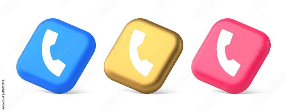 Poster helpline hotline call center phone handset squared button 3d realistic isometric icon