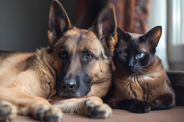The German Shepherd and Siamese cat form an inseparable bond, their contrasting yet complementary personalities creating a heartwarming friendship characterized by mutual trust, playful camaraderie