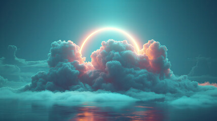 Halo ring light behind the clouds in blue sky.