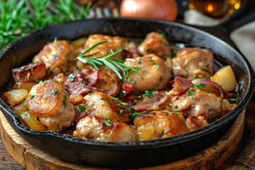 Fried potatoes with bacon and onion in a cast-iron frying pan