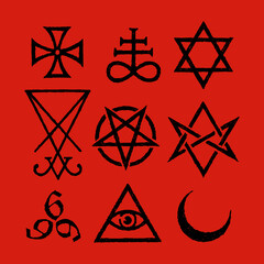 Satanic Symbols, Medieval Occultism, Magic Stamps, Sigils, Keys, Mystical Symbols Knots, Devil's Cross. Sigil Lucifer Baphomet vector - obrazy, fototapety, plakaty