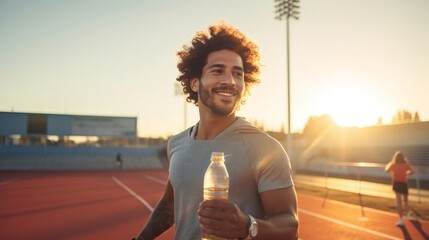 Man running on the athletic track taking a brake, drinking water or energy drink. - obrazy, fototapety, plakaty