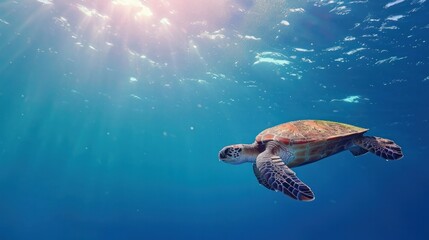 Sea turtle swimming in the shallow water to the sun. Blue water video with underwater creature. Scuba diving liveaboard trip.   