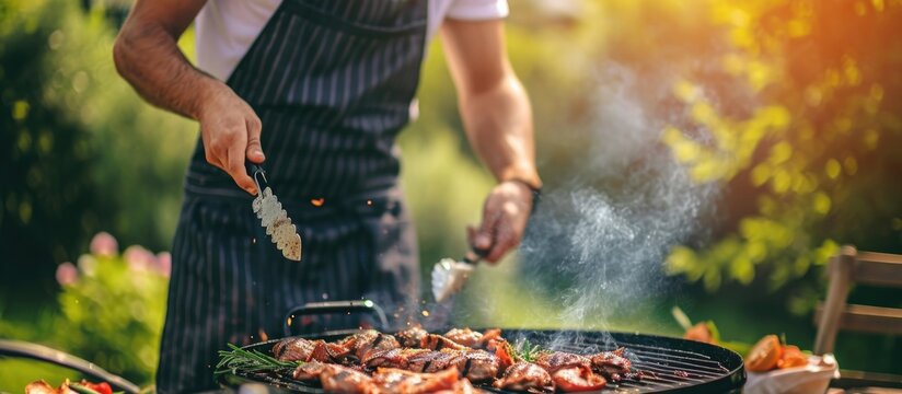 Man grilling delicious barbecue outdoors. Copy space available.
