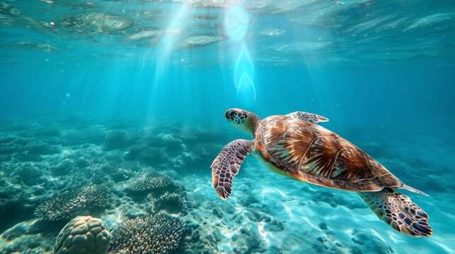 Sea turtle swimming in the shallow water to the sun. Blue water video with underwater creature. Scuba diving liveaboard trip.   