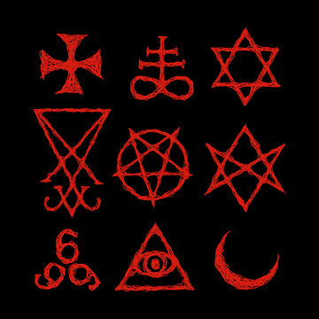 Satanic Symbols, Medieval Occultism, Magic Stamps, Sigils, Keys, Mystical Symbols Knots, Devil's Cross. Sigil Lucifer Baphomet vector