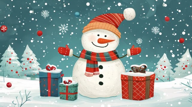 Snowman Painting With Presents in Snow, Festive Winter Scene With Colorful Gifts