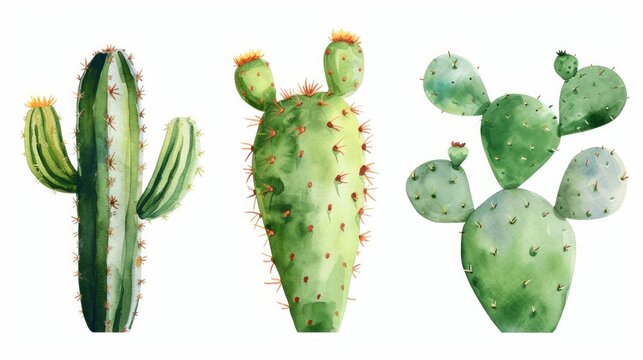 Set of cactus watercolor paint ilustration   