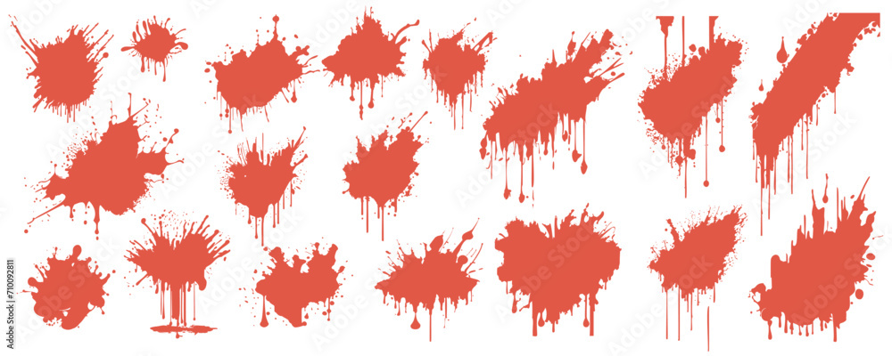 Poster red blood splatters mega set in flat design. bundle elements of variation dirty liquid blots and ble
