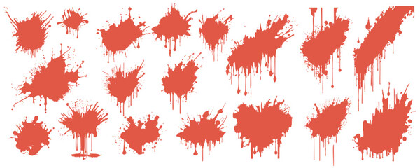 Red blood splatters mega set in flat design. Bundle elements of variation dirty liquid blots and bleeding ink with splashes and drops with grunge texture. Vector illustration isolated graphic objects - obrazy, fototapety, plakaty