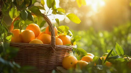 Organic ripe orange crop or citrus harvest in basket against sunlight garden background