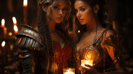 Fototapeta premium beautiful girls with red hair and golden candles