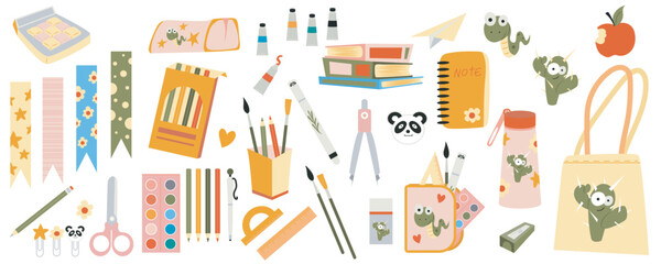Cute school stationery mega set in flat design. Bundle elements of adorable pens, bookmarks, scissors, pencils, paints, books, bottle, other kawaii supply. Vector illustration isolated graphic objects - obrazy, fototapety, plakaty