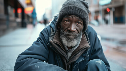 Sad homeless afro-american man, watching into the camera. blue cap, beard, blue coat.