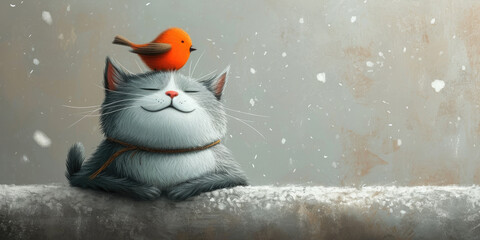 joyful cat with a bird on its head