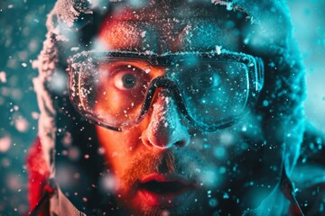 Close-up portrait of a mature Caucasian bearded man in winter clothes and goggles with frost on his ruddy frozen face. A fearless explorer and extreme tourist, he endures severe frost.
