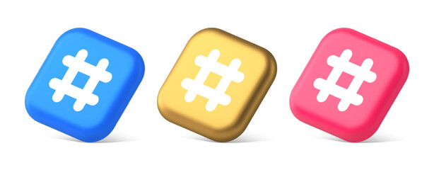 Hashtag button social network media communication symbol internet message key 3d isometric icon