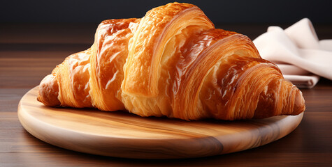 delicious croissant with cream and fresh croissant on wooden board, closeup