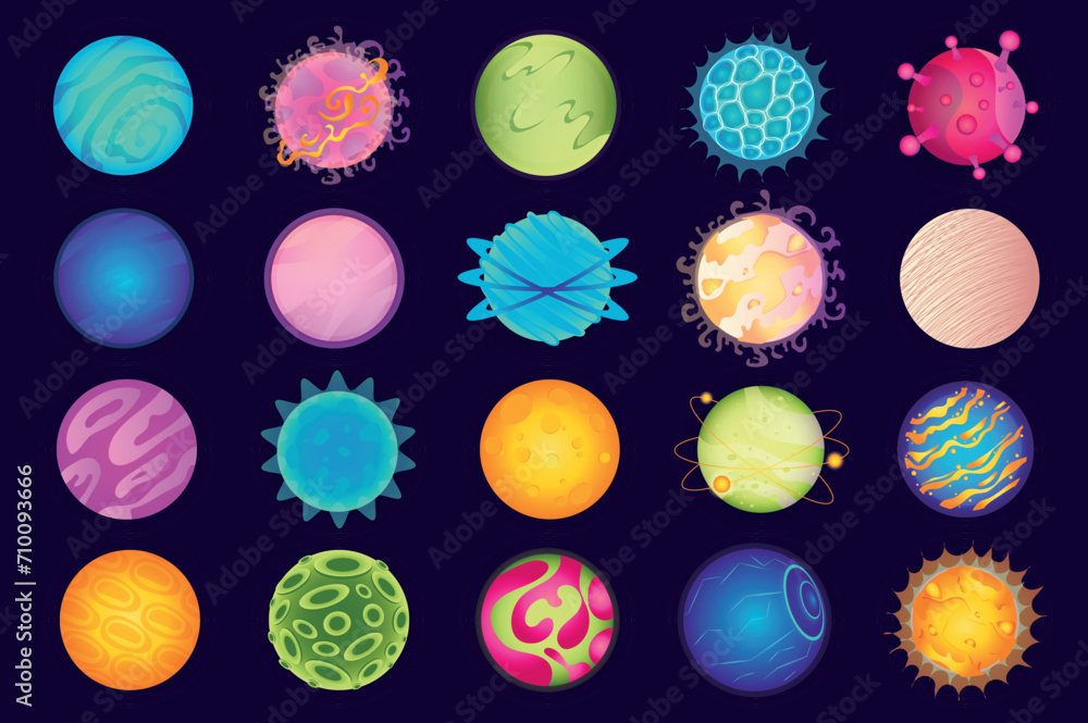 Poster Galaxy planets mega set in flat design. Bundle elements of colourful abstract alien planets and fantastic cosmos universe celestial spheres for space game. Vector illustration isolated graphic objects