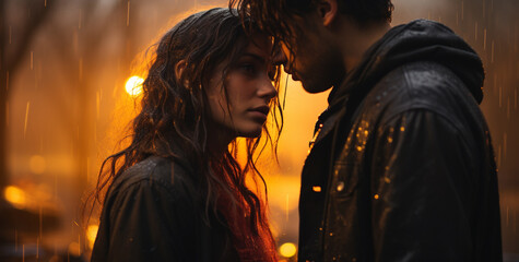 couple in love on a background of the rain in the city