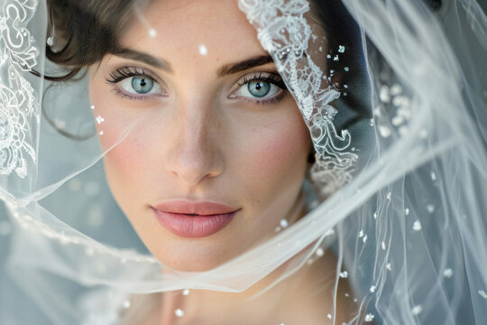Ethereal Bride Behind a Delicate Veil. A close-up of a bride's face, her clear blue eyes and soft features framed by an intricate lace veil. - Powered by Adobe