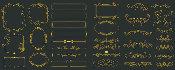 Gold vintage frames mega set in flat design. Bundle elements of abstract line classical decorative borders, dividers and templates square or circle forms. Vector illustration isolated graphic objects - obrazy, fototapety, plakaty
