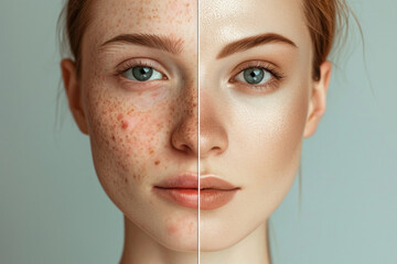Before and After Skincare Transformation. A split-image comparison of a woman's face, one half showing skin with acne and the other perfectly clear and glowing