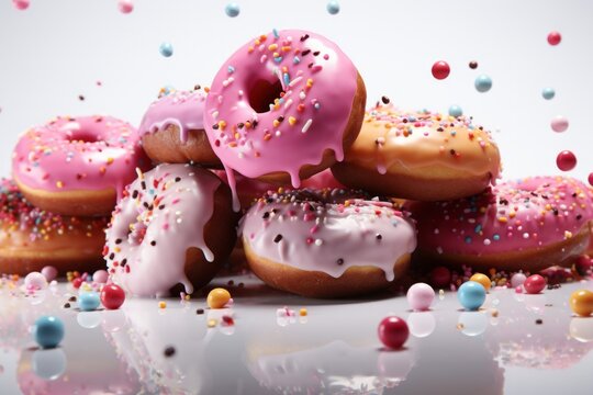 assorted donuts with chocolate frosted, pink glazed and sprinkles donuts. delicious and sweet three donut rendering minimal background. assorted donuts with chocolate frosted, pink glazed