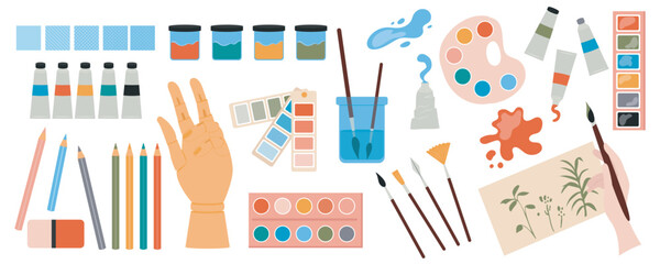 Painting tools mega set in flat design. Bundle elements of watercolor or acrylic paint tubes, brushes, pencils, palette, colours swatch, mannequin hand. Vector illustration isolated graphic objects