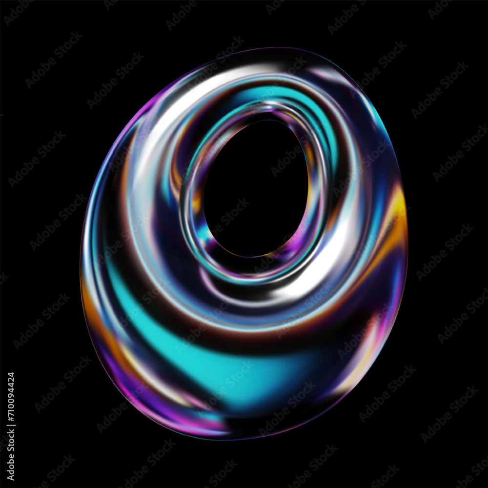 Poster 3d letter o in glossy holographic style with metallic neon reflective surface. y2k retro futuristic 