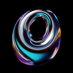 3D letter O in glossy holographic style with metallic neon reflective surface. Y2K retro futuristic balloon bubble form with shine, isolated vector render for modern design 