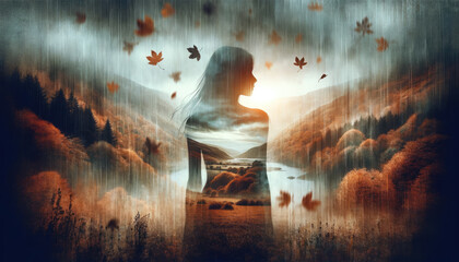A serene blend of a woman's profile and a misty lake landscape amidst autumn foliage, evoking tranquility and the unity of human with nature.