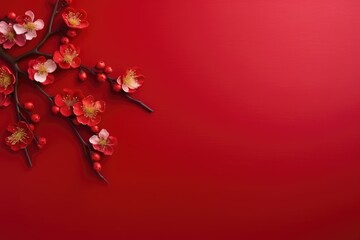 Happy Chinese New Year. Chinese new year festival decorations on a red background. Flat lay, top view with copy space