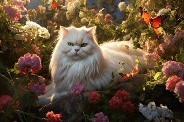 Fluffy Persian cat in sun-dappled garden