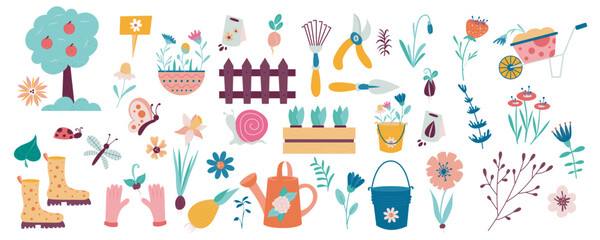 Fototapeta na wymiar Spring decor and tools mega set in flat design. Bundle elements of trees, flowers, bucket, seeds, watering can, wheelbarrow, rake, pruner, shovel, other. Vector illustration isolated graphic objects