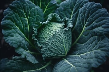 Closeup of growing savoy cabbage in garden. Generative AI - obrazy, fototapety, plakaty