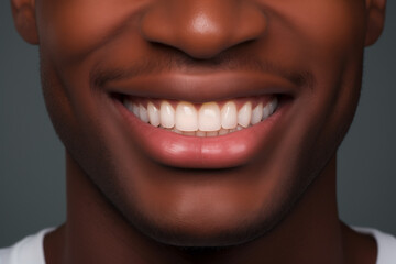 smile of man dark-skin close-up, white well-groomed even teeth and skin, slight unshaven
