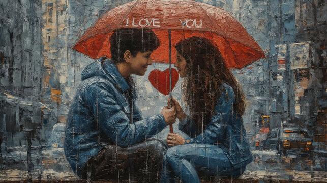 Romantic Rainy Day with Couple Sharing Umbrella and Love