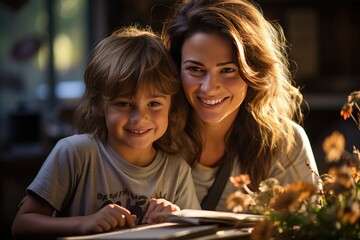 Mother supports son in school tasks with love., generative IA