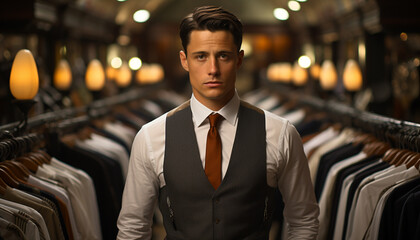 Fototapeta premium Young adult businessman in elegant suit at clothing store generated by AI