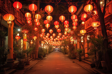 Chinese holiday, A vibrant celebration of culture and tradition, bustling streets adorned with red lanterns and dragon motifs.