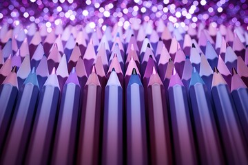 Glowing holographic pencils arranged in a symmetrical pattern on a lavender background with ample copy space