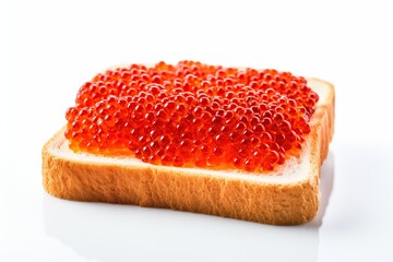 Bread with fresh red caviar on white background