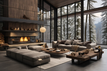 Modern living room with large windows and a fireplace.
