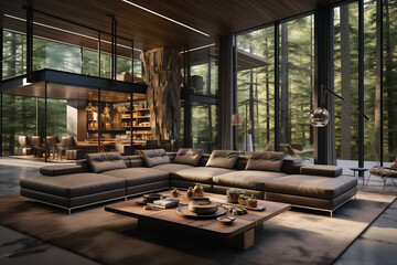 An open living room in the middle of the forest.