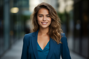 Smiling businesswoman in a blue business suit on a city street. - obrazy, fototapety, plakaty
