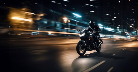 fast motorcycle race through the night city, a sports motorcycle and a motorcyclist in a uniform...