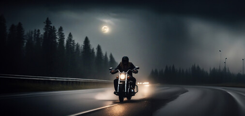 biker rides a custom chopper motorcycle at night along a road in the fog.