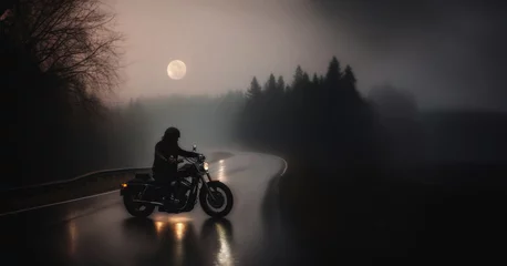 Keuken spatwand met foto biker rides a custom chopper motorcycle at night along a road in the fog. © velimir